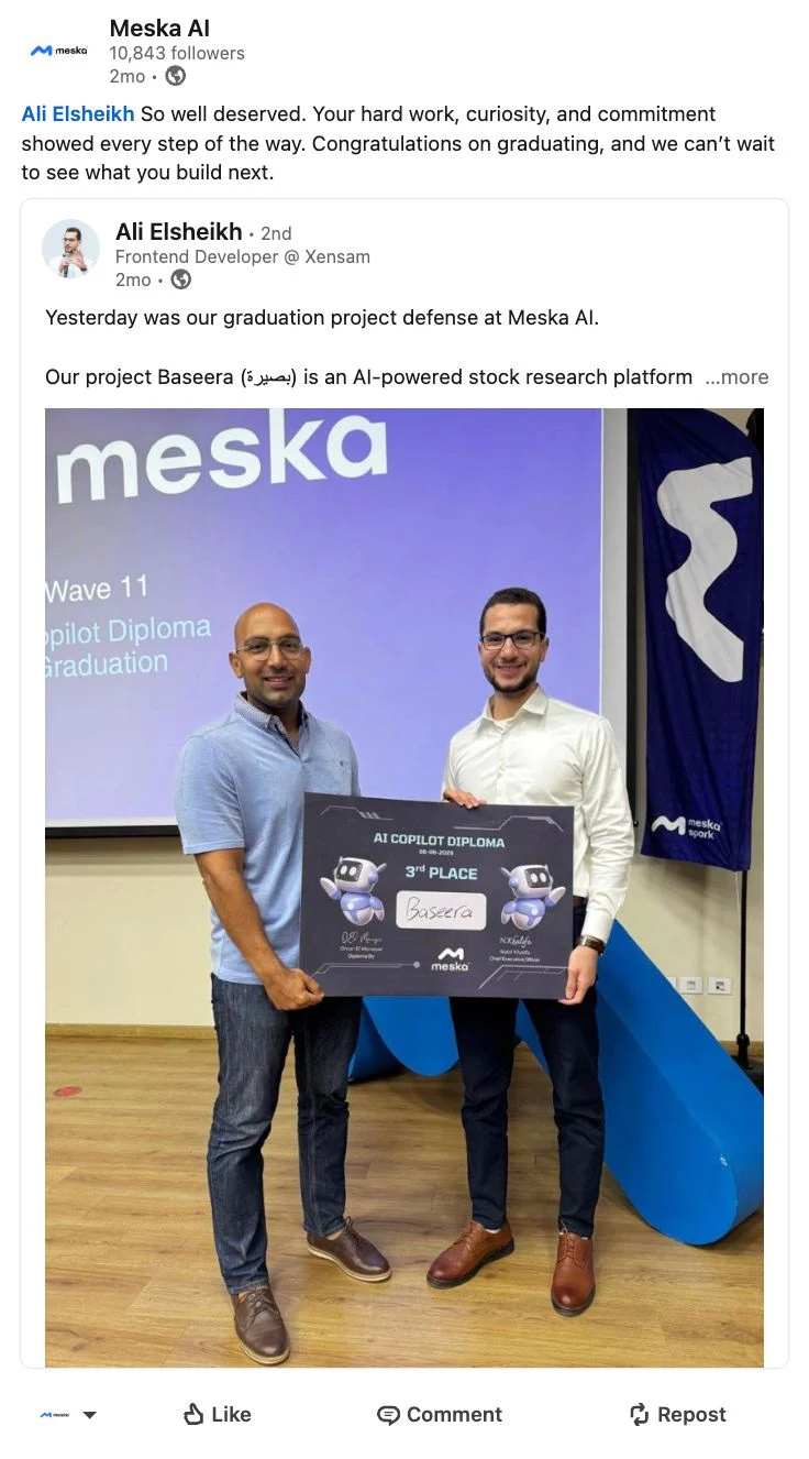 Meska AI post celebrating AI Copilot Diploma graduate Ali Elsheikh