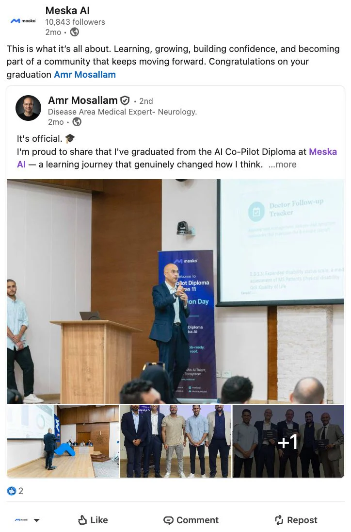 Meska AI post celebrating AI Copilot Diploma graduate Amr Mosallam