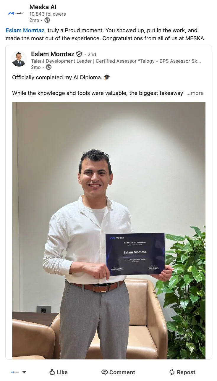 Meska AI post celebrating AI Copilot Diploma graduate Eslam Momtaz
