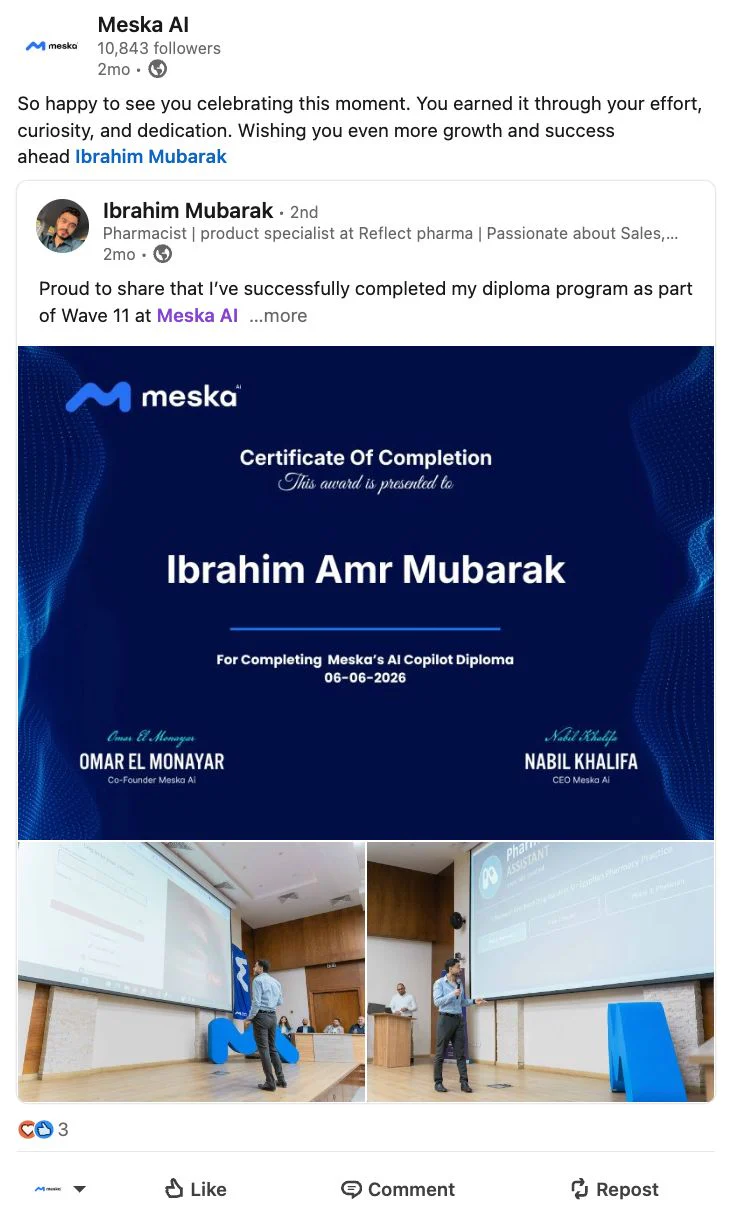 Meska AI post celebrating AI Copilot Diploma graduate Ibrahim Mubarak
