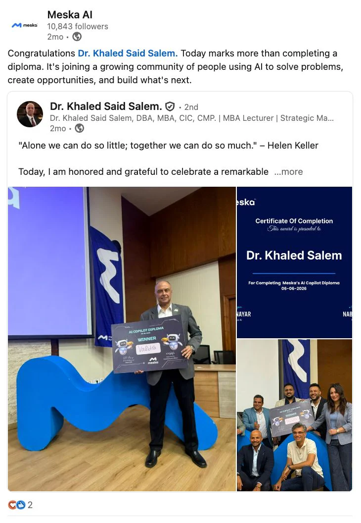 Meska AI post celebrating AI Copilot Diploma graduate Dr. Khaled Said Salem