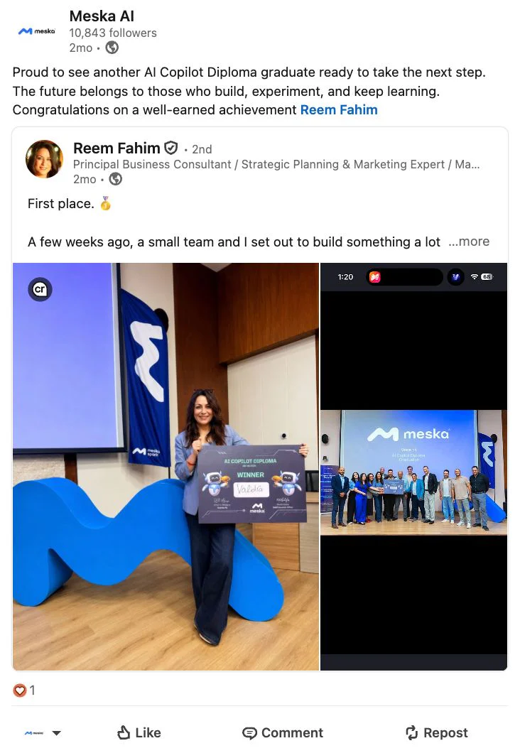 Meska AI post celebrating AI Copilot Diploma graduate Reem Fahim